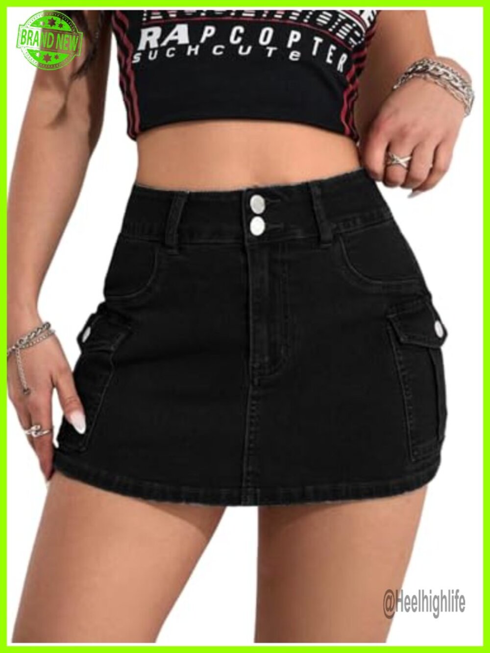 High Waisted Stretch Denim Mini Cargo Skort
